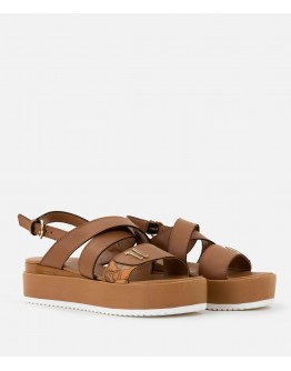 ALVIERO MARTINI I^CLASSE Z0179578A0970 SANDALI CON ZEPPA IN PELLE LISCIA E DETTAGLIO IN NAPPA STAMPA GEO CLASSIC CUOIO